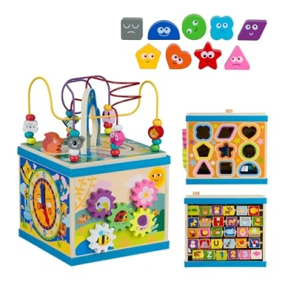 Image de Relaxdays Cube d&#039;activité en Bois, Design A, pour Enfants dès 3 Ans, avec Circuit de motricité, Multicolore