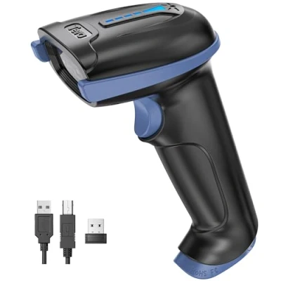 Image de Tera Lecteur de Code à Barres sans Fil et Filaire avec Indicateur Niveau Batterie Scanner Barre Imprimés Numériques 1D 2D QR Douchette Portable Plug and Play, Modèle D5100 Bleu