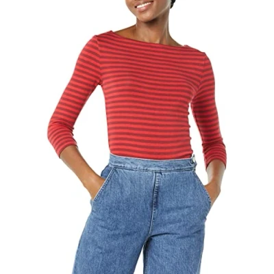 Image de Amazon Essentials T Shirt Col Bateau Uni Coupe Ajustée à Manches 3/4 Femme, Rouge Bordeaux Rayures, XL