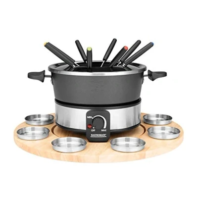 Image de GASTROBACK 42566 Set à fondue, plateau tournant pratique avec 8 récipients sauce en acier inoxydable, réglable continu de 40 C 190 C, 1000 W, 1000, casserole antiadhésive, noir, argenté