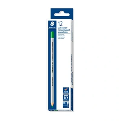 Image de Staedtler Lumocolor Omnichrom, crayons verts non permanents pour marquage sur la plupart des surfaces, Effaçables à sec et l&#039;eau, Couleurs intenses, Boîte carton avec 12 assortis, 108 5 VE