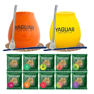 Image de Yerba Maté Set double complet 2x de démarrage pour deux Yaguar 10x50g Large Calebasse en céramique 350ml Bombilla acier inox soucoupe liège Produit Cebador