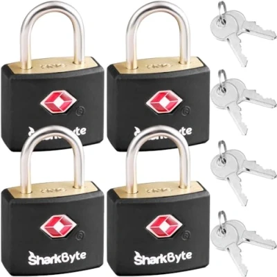 Image de SharkByte Lot de 4 serrures valise approuvées par la TSA avec clés [Lot 4, 8 clés] cadenas voyage, petits à clé, serrure gym, sacs pour ordinateur portable, dos,