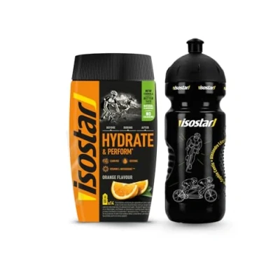 Image de Isostar Poudre Hydrate &amp; Perform saveur Orange 560g (14 doses) + Bidon 650 ml Boisson Isotonique pour Sportifs