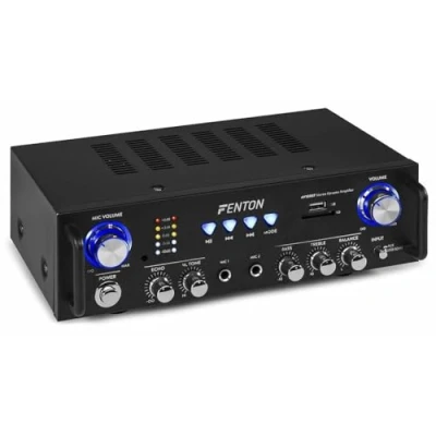 Image de Fenton AV100BT Amplificateur Puissance 2X 50W, Connexion sans Fil Bluetooth, USB, SD, 2 Entrées Micro, Entrée Ligne RCA, Réglage Graves/Aigus et Écho, Idéal pour Utilisation HiFi Karaoké
