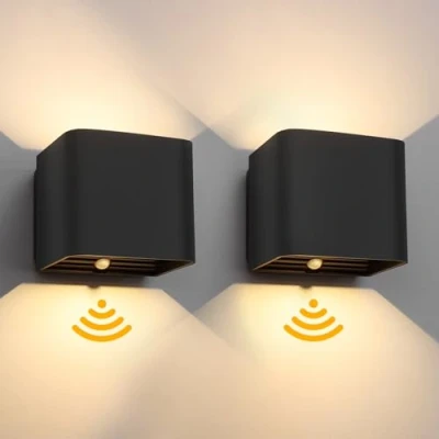 Image de Birnetek® 2 Pièces Applique Murale Intérieure avec Détecteur de Mouvement, Noir Lampe Sans Fil, 3000K Blanc Chaud Led A Pile, Chambre Interrupteur, pour Escalier, Co
