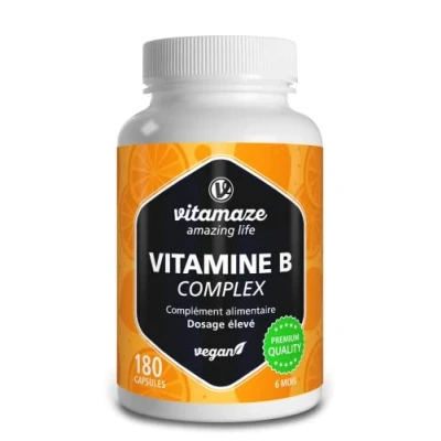 Image de Vitamine B Complexe Fort avec B1, B2, B3, B5, B6, B7 (Biotine), B9 (Acide Folique) et B12 Pour 6 Mois Énergie Vitalité Naturel Vegan Vitamaze