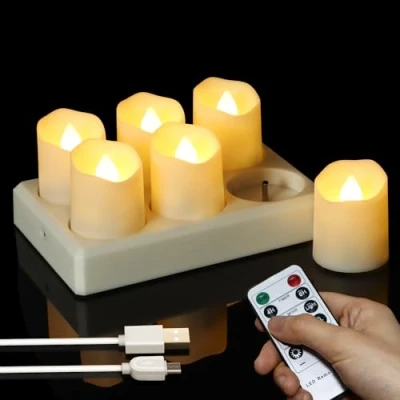 Image de FREEPOWER 6 bougies chauffe plat LED rechargeables avec station de charge, électriques USB télécommande, minuterie, scintillement, intensité variable, blanc chaud, 4 x 4.5cm