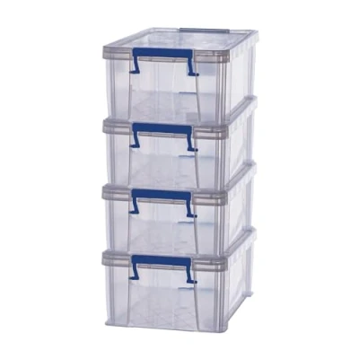 Image de Bankers Box Lot de 4 Boîtes rangement ProStore 10 L, 14 x 34 21.5 cm, avec couvercle et poignées, format A4, empilable, plastique transparent sans BPA, 7730404
