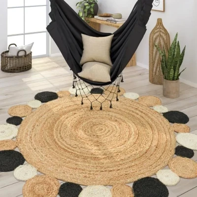 Image de Paco Home Tapis Rond Salon Jute Motif Ethnique Boho Moderne Fait Main Naturel, Dimension:80 cm Rond, Couleur:Noir 2