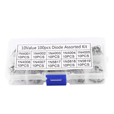 Image de Diode de redressement Elprico, Kit électronique d&#039;assortiment diodes redresseur 100 pièces 10 valeurs 1N4001 1N4007 1N5817 1N5819 avec boîte rangement