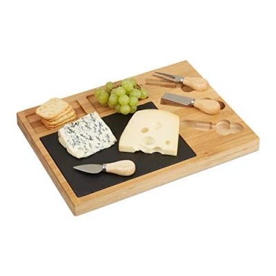 Image de Relaxdays 10022234 Set Planche à Fromage, Plateau Subdivisé en Bambou, 3 Couteaux, 1 Plaque Ardoise, 3x40x30cm, Nature, Naturel