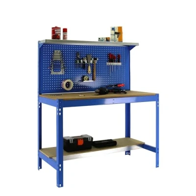 Image de Simon Rack Etabli d’Atelier, Capacité de Charge 600 kg, 1445x1210x610 mm, Panneau Perforé avec 1 Étagère, Table Travail Bricolage, Bleu/Bois BT3