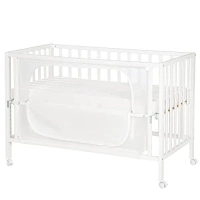Image de roba Lit Cododo Complet 60 x 120 cm safe asleep® Textiles avec Motif d&#039;Étoiles Matelas + Gigoteuse Barrière de Sécurité Inclus Bois Blanc
