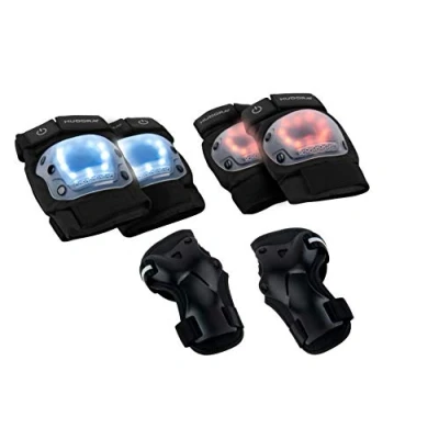 Image de HUDORA Set de Protections pour Enfant et Adulte Taille L Visibilité optimale sur Patins, Scooters, VTT grâce à 11 LED avec coudières, genouillères protège Poignets Noir