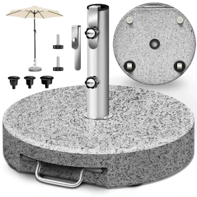 Image de tillvex® Pied de Parasol Rond en Granit avec roulettes 27 kg Tube Acier Inoxydable Lestage Pieds Base pour déporté mâts 16 à 48 mm et 300 cm diamètre