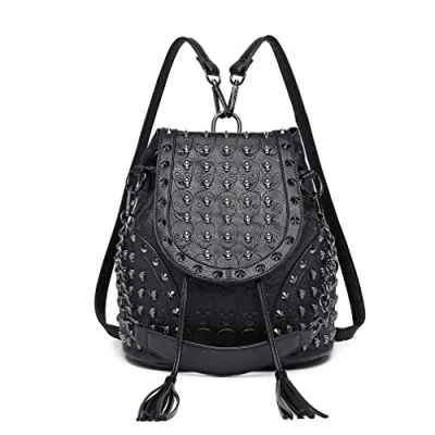 Image de Miss Lulu Sac à Dos Sacs Main pour Femmes Bandoulière avec Chaîne Simili Cuir Clouté en Relief Crânes Mode