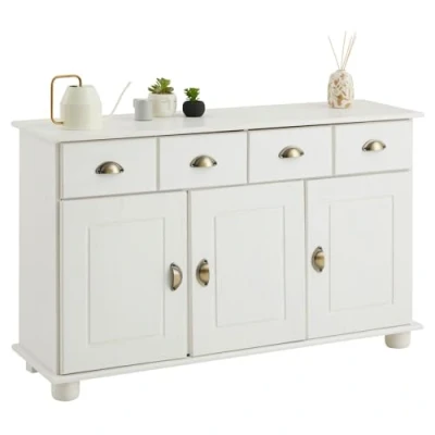 Image de IDIMEX Buffet Colmar Commode bahut vaisselier Meuble Bas Rangement avec 2 tiroirs et 3 Portes battantes, en pin Massif lasuré Blanc