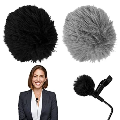 Image de 2 Pcs Lavalier Bonnette de Microphone, Microphone Furry Pare Brise, Muff Windscreen, Anti Vent Luxe pour Toutes Les Cravates Compactes avec Cravate Gris + Noir(1cm)