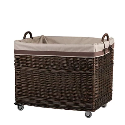 Image de e wicker 24 Coffre de rangement en osier osier, Panier à linge rectangle avec roulettes et doublure tissu, malle osier,corbeille, boite (Brun_beige)