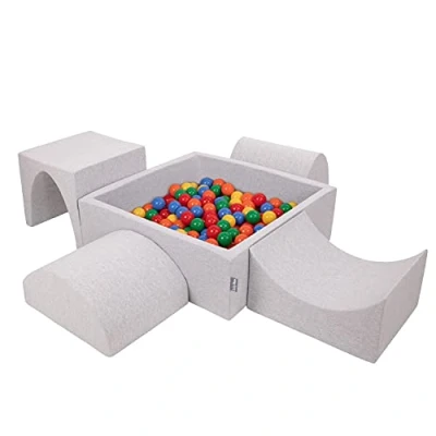 Image de KiddyMoon Aire De Jeux en Mousse avec Carré Piscine À Balles (300 Balles) pour Enfants, Gris Clair: Jaune/Vert/Bleu/Rouge/Orange