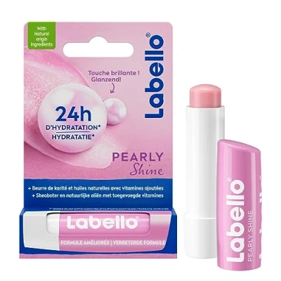 Image de LABELLO Pearly Shine (1 x 5,5 ml), Baume à lèvres enrichi en huiles naturelles &amp; perles de soie, Soin des Hydratation longue durée pendant 24H