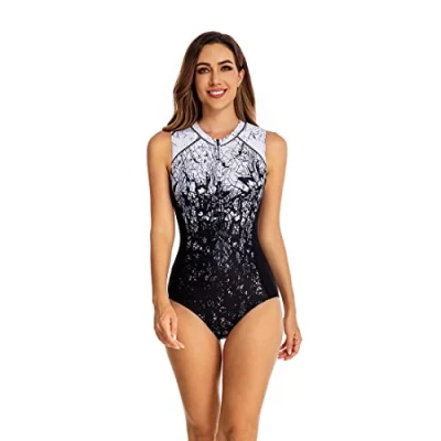 Image de BEACHKINI Combinaison de Surf Zippée pour Femmes Maillot Bain Décontracté sans Manches Une Pièce Femmes,09 Dégradés Lignes,XXL