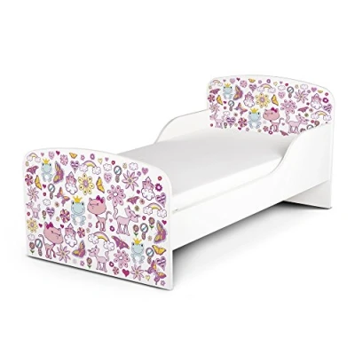 Image de Leomark Moderne Lit d&#039;enfant Toddler avec Matelas Couleur Blanc Motif: Les Rêves de la Princesse Meubles pour Enfants Confortable Fonctionnel Simple Zone Couchage 70/140 cm