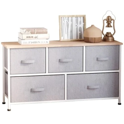 Image de HOMCOM Commode Meuble de Rangement 100 x 30 54 cm 5 tiroirs Non tissés Gris Structure Acier Blanc Bois Clair