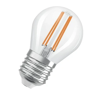Image de OSRAM Energy Class en forme de mini bouclassique, 3,8 W / 806 lm, EEK A, lumière blanc chaud (2700 K), CRI 80, verre transparent sans plomb, culot E27, IP20, diamètre 45 mm.