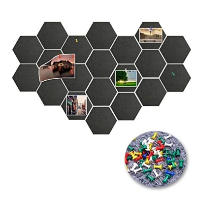 Image de 20 Pièces 14 x 12 cm Panneau de Liège Hexagonal, Tableau d&#039;affichage Feutre Hex Auto adhésif, en Mural avec épingles pour la Maison Bureau Classe Décor Mur (Noir)