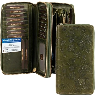 Image de MATADOR XXL Portefeuille Femme Grand Format Chéquier &#039;Madrid Cuir véritable avec Double Fermeture Éclair YKK Porte Monnaie Blocage RFID/NFC et Boîte Cadeau Multi Compartiments Fleurs Vert