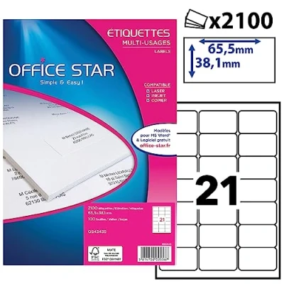 Image de OFFICE STAR 2100 Étiquettes Autocollantes Multi Usages Blanches Personnalisables Imprimables Format 63,5 x 38,1 mm Impression Laset Jet d&#039;Encre et Copieur