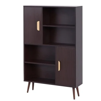 Image de HOMCOM Bibliothèque scandinave 4 niches + 2 placards avec étagère dim. 80L x 24l 123H cm Pieds effilés inclinés Bois Massif Panneaux Particules wengé