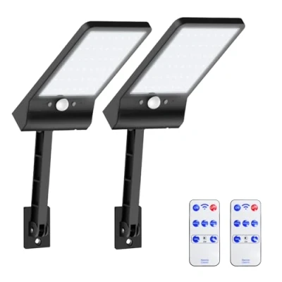 Image de Moman Lampe Solaire Exterieur, Lot de 2 Lumiere avec Détecteur Mouvement 3 Modes Réglables IP65 Étanche Télécommande pour Garage Cour, Exterieur Eclairage Projecteur