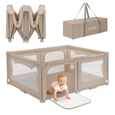 Image de LIONELO Florence Parc pour enfants 150 x 180 75 cm Easy Fold, filet respirant, sûr, portable, facile à plier, 2 entrées avec fermeture éclair, sac de voyage (Beige)