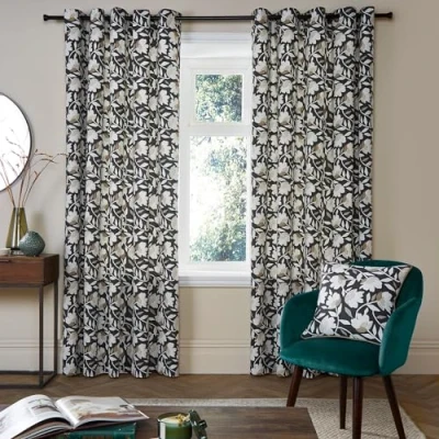 Image de Fusion Lot de 2 Rideaux 100% Coton Motif Floral Style Vintage Insonorisants pour Chambre à Coucher Noir Anthracite 168 x 229 cm