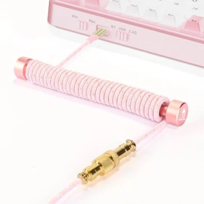 Image de MAMBASNAKE Câble de Clavier Spiralé Custom et Enrouleur d&#039;aviateur Métal Set à Tige Fixe + USB C Tressé avec Aviateur en Or 24K pour Jeu/Smartphone Rose
