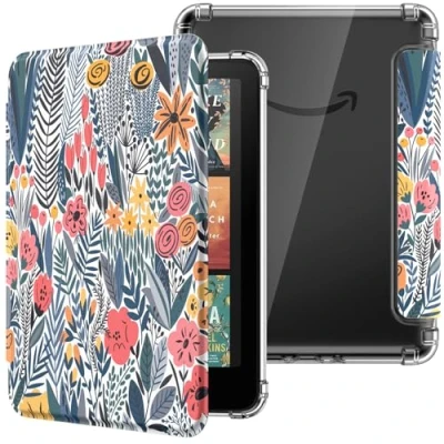 Image de MoKo Coque pour 7&quot; Kindle Paperwhite 12 Gén 2024 et Colorsoft Signature Edition, Étui de Protection Ultra Clair en TPU Souple Transparent avec Auto Réveil/Sommeil, Fleuron à Feuilles Bleues