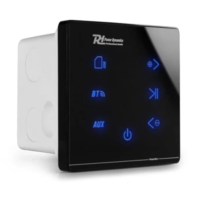 Image de Power Dynamics Powerline A50B Amplificateur Audio Mural 2X 20 Watts, Récepteur sans Fil Bluetooth, USB et Micro SD, Écran Tactile, Livré avec Télécommande, Idéal pour Sonorisation de la Maison