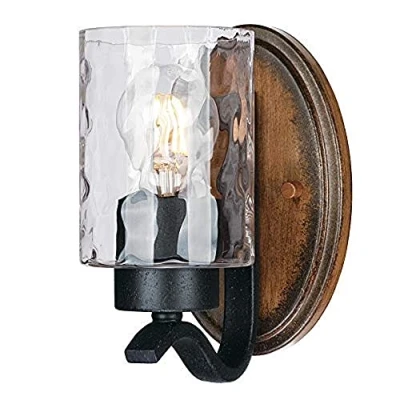 Image de Westinghouse Lighting 63316 Luminaire mural à une lampe Barnwell, finition en fer texturé et bois dur avec verre martelé clair