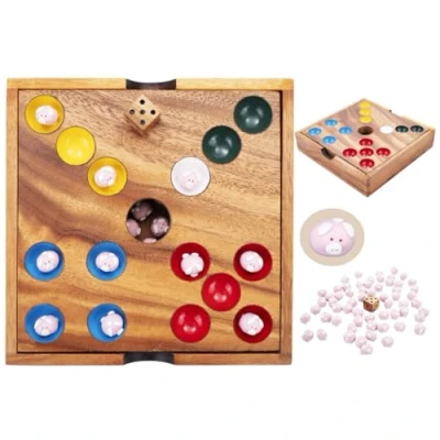 Image de Trou du cochon pig hole jeu familial ecologique 60 cochons céramique dé et coffret en bois 350440 6 ans +
