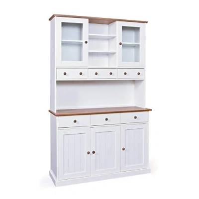 Image de Buffet bahut vaisselier 6 tiroirs 5 portes pin massif bicolore blanc et brun