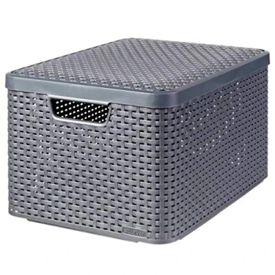 Image de CURVER Lot de 3 Boîtes avec Couvercle Caisses (3*30L) un Design Rotin Tressé pour Salle Bain, Chambre, Bureau Poignées Ergonomiques Gris foncé