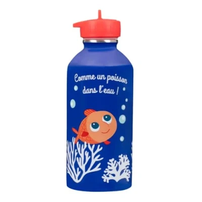 Image de gourde enfant Acier inoxydable DRAEGER PARIS Facile à nettoyer réutilisable Idéale pour voyage, parc, école Contenance 300ml 17 cm x 6,5 Blanc Thème : Petit Poisson Rouge