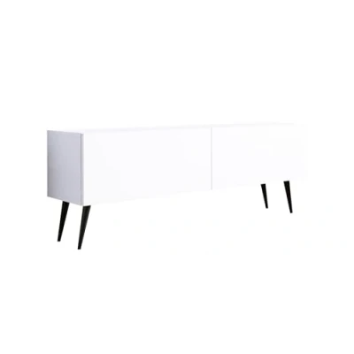 Image de 3E 3xE living.com Meuble TV : Deux Portes, étagères, Couleur Blanc Mat, Pieds Noirs D L 140 cm, H 52 P 32 cm