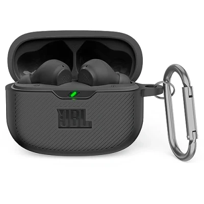 Image de MOWYEOK coque en silicone compatible avec JBL Vibe Beam, portable et résistante aux chocs, avant LED visible, pour accessoires de boîtier mousqueton Noir