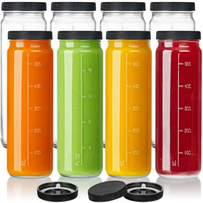 Image de Absovetu Lot de 8 Bouteilles jus en verre avec couvercles 600 ml d&#039;eau vides réutilisables pour smoothie, lait, thé glacé