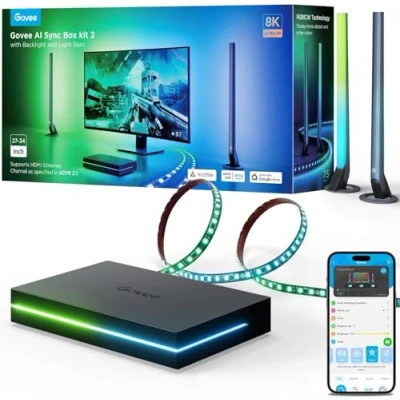 Image de Govee HDMI 2.1 Sync Box Kit 2, avec Barre Lumineuse et Bande LED, Prend en Charge 8K@60Hz, 4K@144Hz, VRR ALLM, Fonctionne Matter Alexa, Rétroéclairage du Moniteur pour 27 34 inch