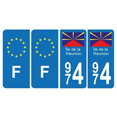 Image de HADEXIA Lot de 4 Autocollants Plaque d&#039;immatriculation 974 Ile Réunion BIS &amp; F Europe